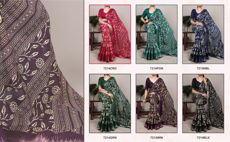 Ynf7214 Slub Silk Floral Printed With Zari Border Saree